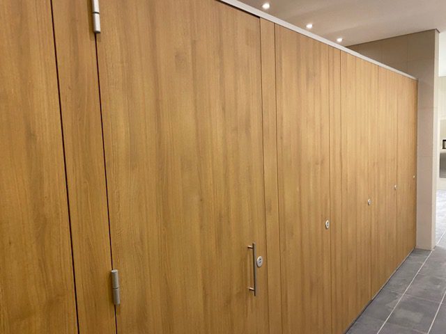 Wood Grain Toilet Partitions Closeup